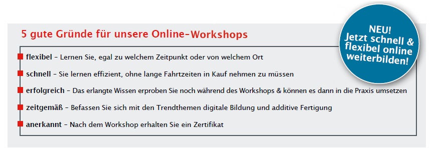 Fuenf Gruende fuer unsere Online-Workshops: felxibel, schnell, erfolgreich, zeitgemaess, anerkannt