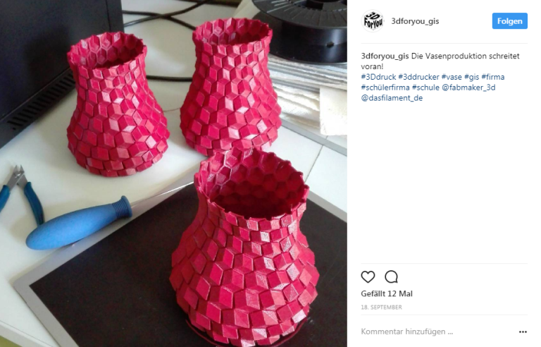 Post bei Instagram von 3dforyou_gis, zu sehen sind 3D-gedruckten Vasen.
